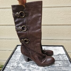 Frye Fiona 3 Strap brown leather heeled riding boots 9.5M